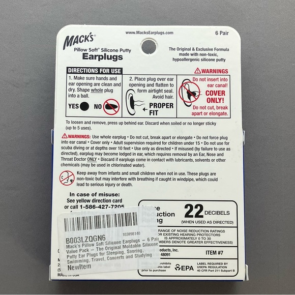 Mack's Pillow Soft (R) Silicone Putty Earplugs. 6 pr. Great for swimming. NWOT. - Picture 2 of 4